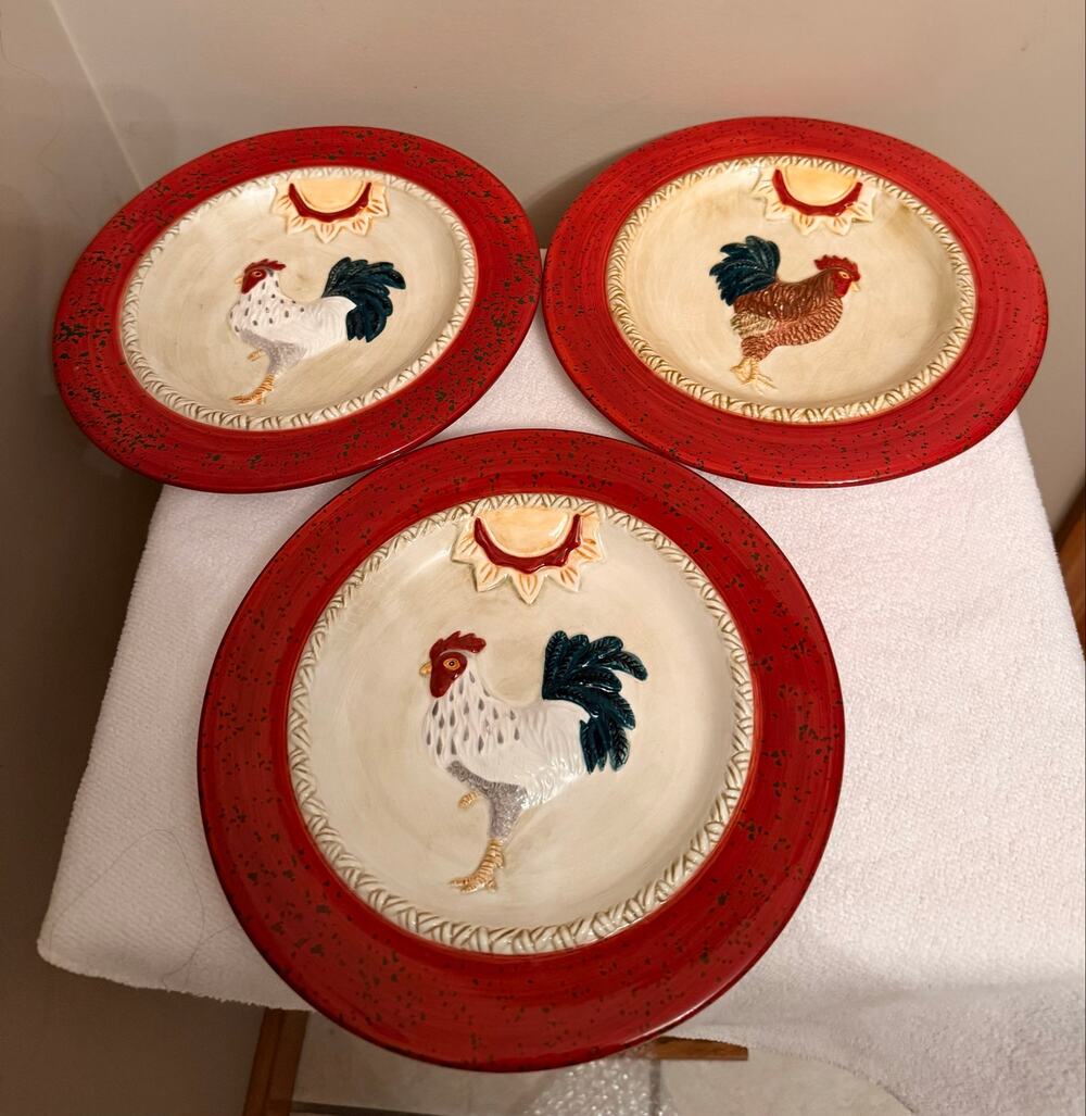 World Market decorative 3D ceramic rooster plates, raised rooster on plates.